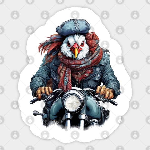 chicken wearing a jackets hat and a scarf on a motorcycle Sticker by JnS Merch Store